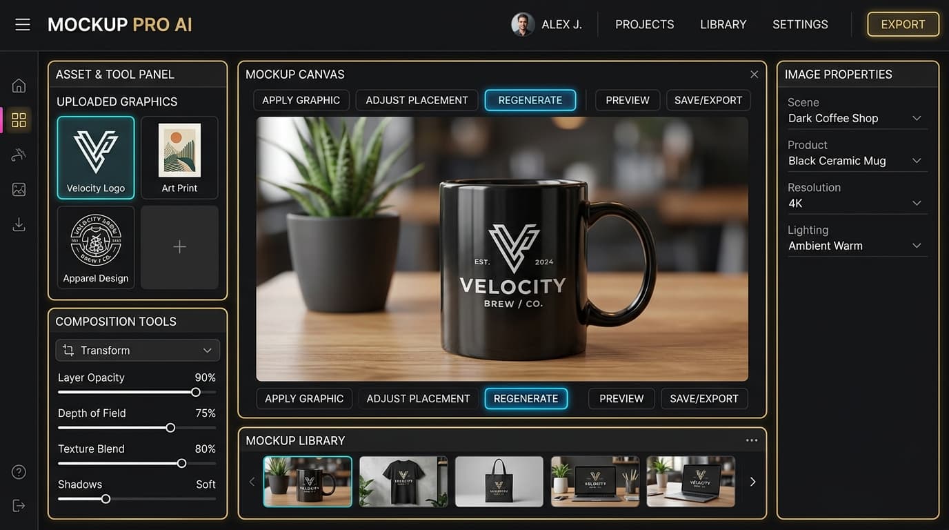 AI Mockup Generator ‚Äî product canvas with realistic lifestyle presentation