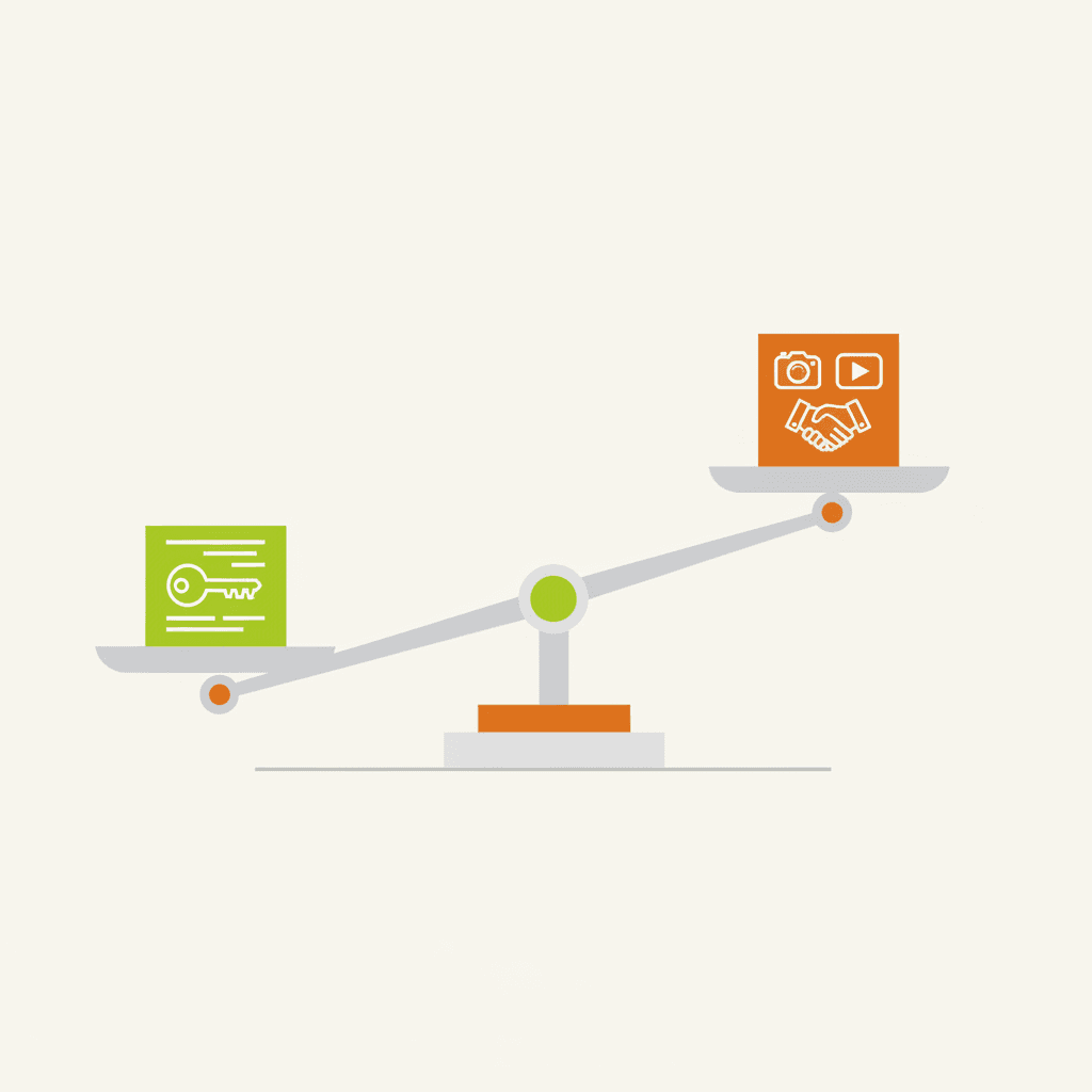 An illustration showing a balance scale with “Keyword Relevance” on one side and “Listing Quality (photos, vid