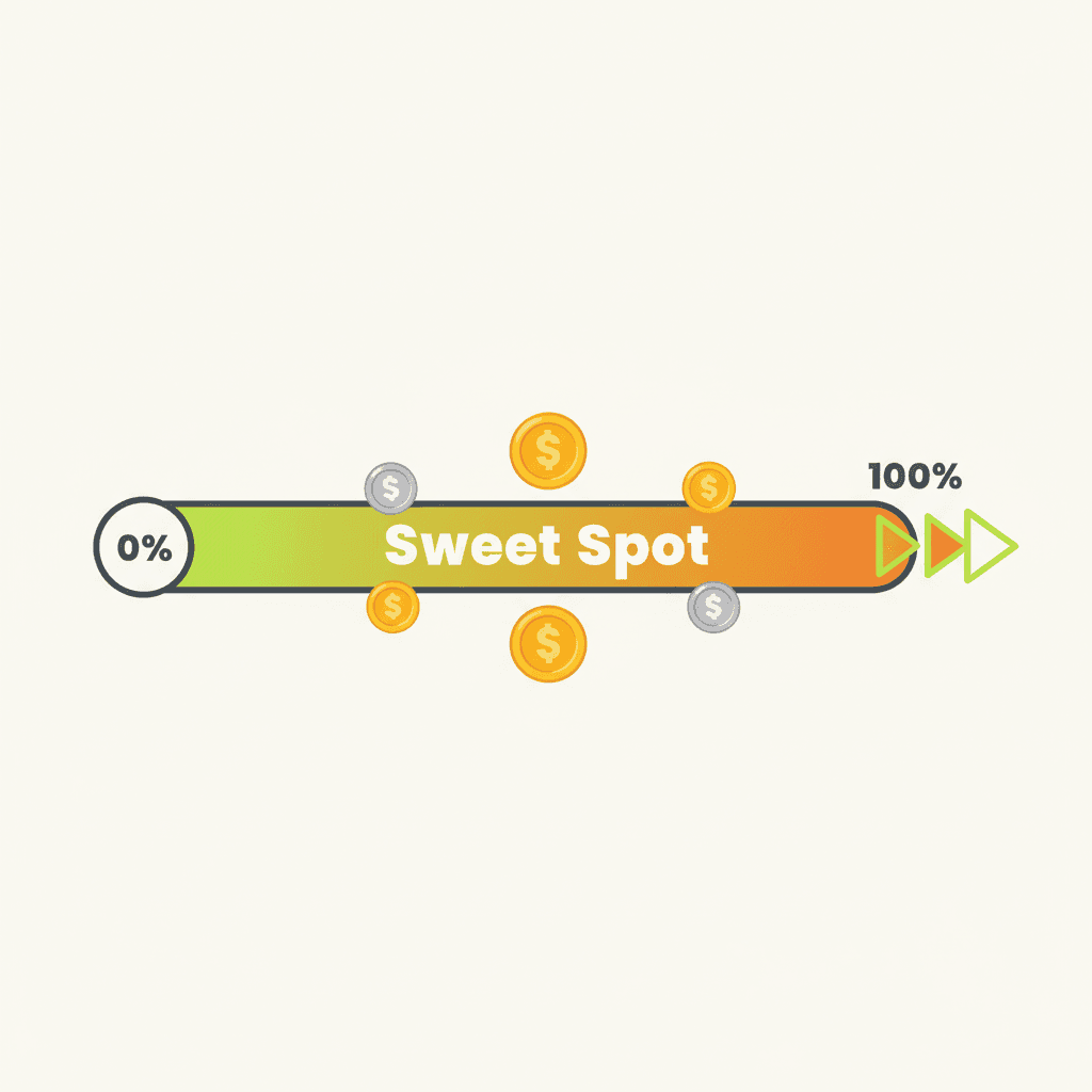 A flat illustration showing a price scale from 0% to 100% of retail, with a highlighted band at 55–65% labeled