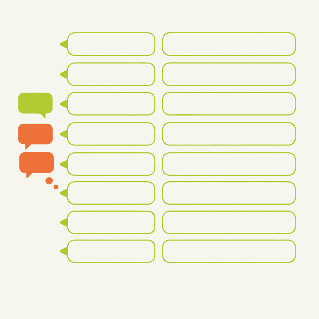 A clean flat illustration showing 13 empty tag slots being filled one by one with speech bubbles that contain