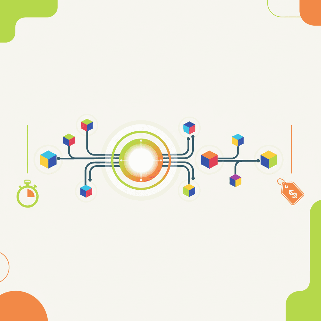 Flat illustration of a pipeline of AI agents (colored cubes) passing data through a central coordinator, with
