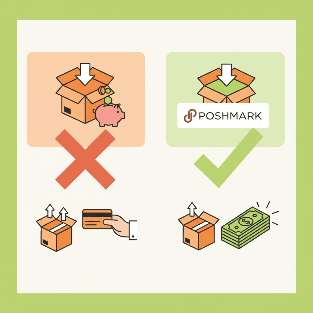 Flat illustration comparing two shipping options: one with a seller paying for shipping (red X), one with Posh
