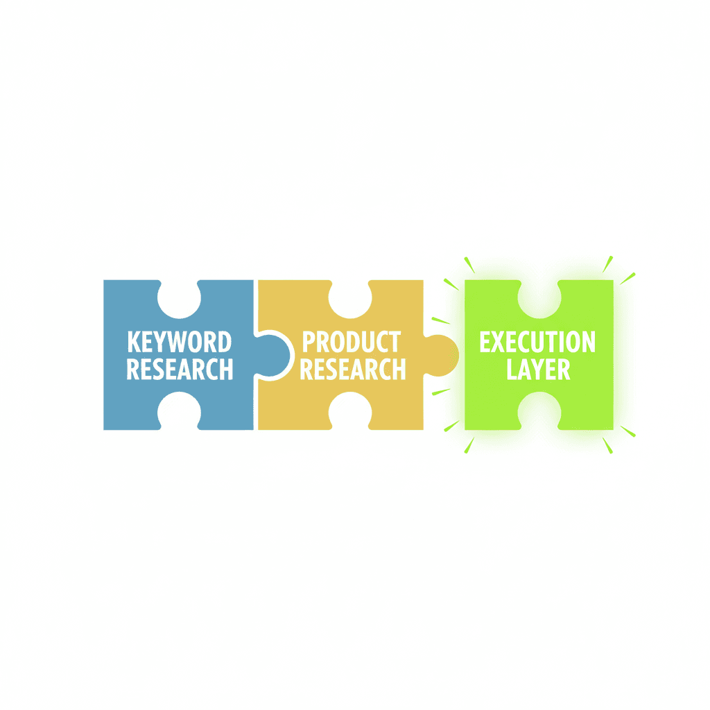 A flat illustration of three puzzle pieces labelled "Keyword Research", "Product Research", and "Execution Lay
