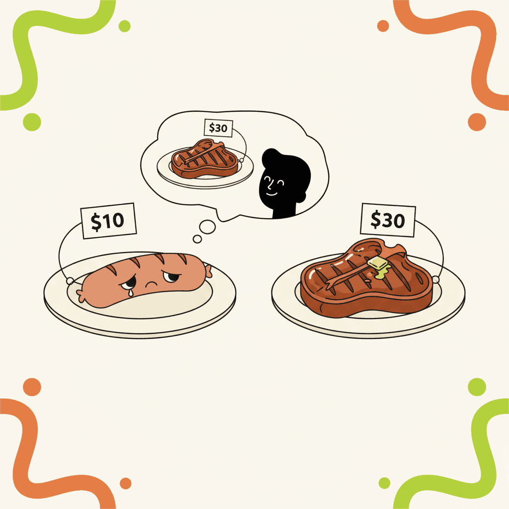 A flat illustration showing two plates: one with a sad sausage, the other with a juicy steak. A price tag on t