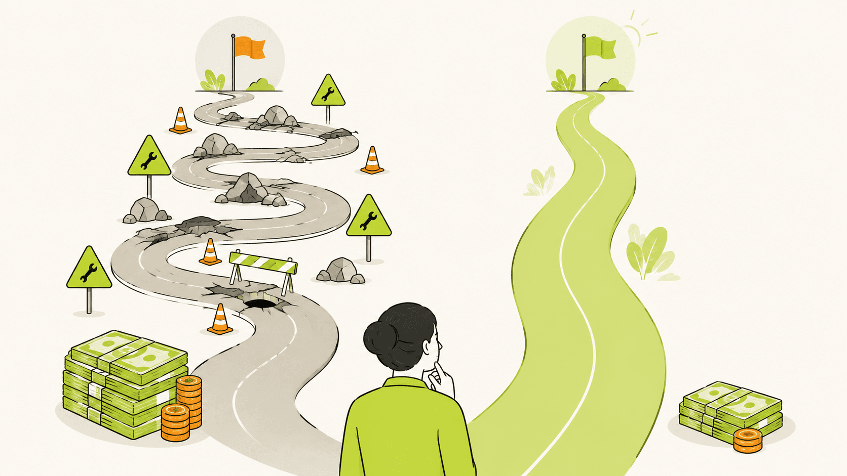 A flat illustration comparing two paths: one cheap path with many detours and repair signs, ending at a high t