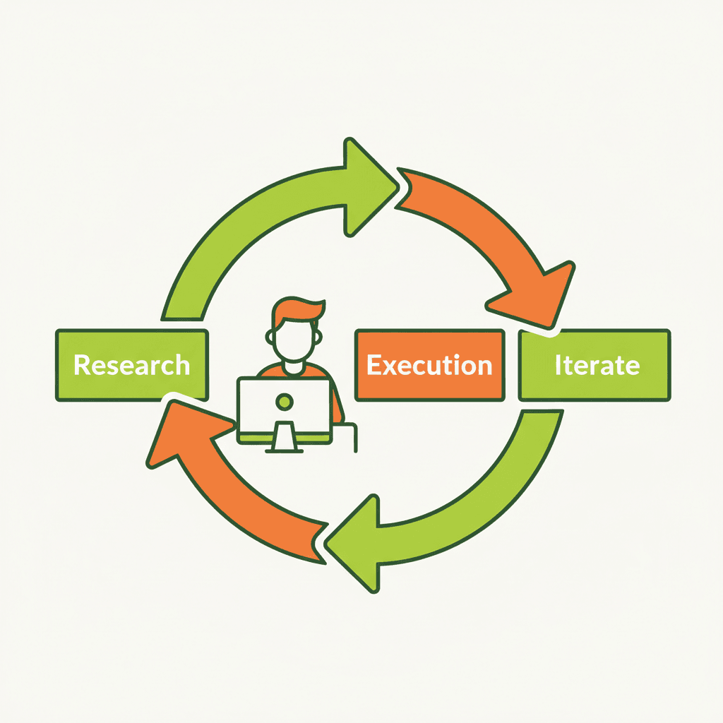 A flat infographic-style illustration showing a person at a computer with arrows from "Research" to "Execution
