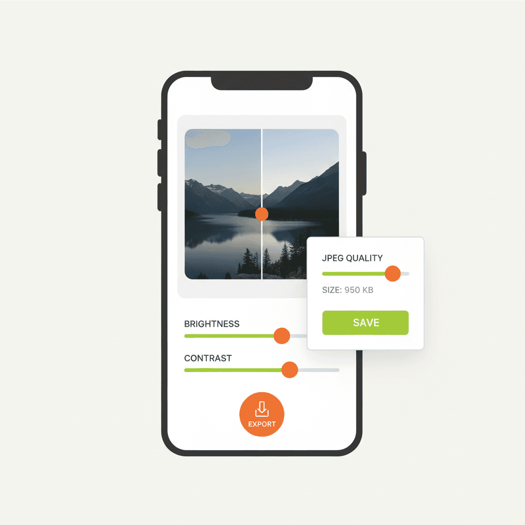 A flat illustration showing a phone screen with a photo-editing app, before/after sliders for brightness and c