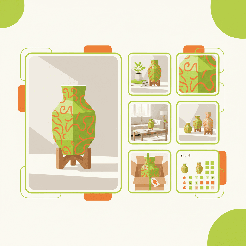 A flat illustration showing a grid of Etsy listing photos — hero (large), then smaller thumbnails for scale, d