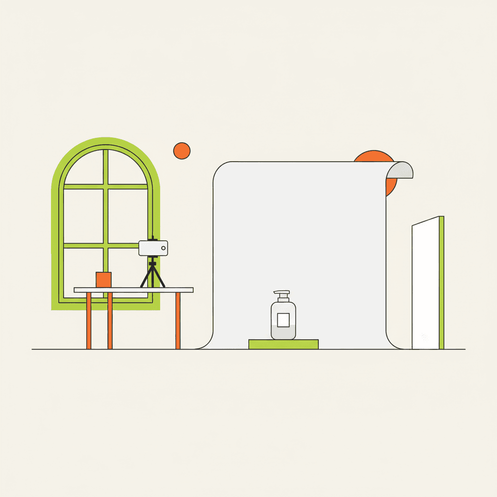 A flat illustration showing a side view of the window studio: a table with a phone on tripod, a curved white b