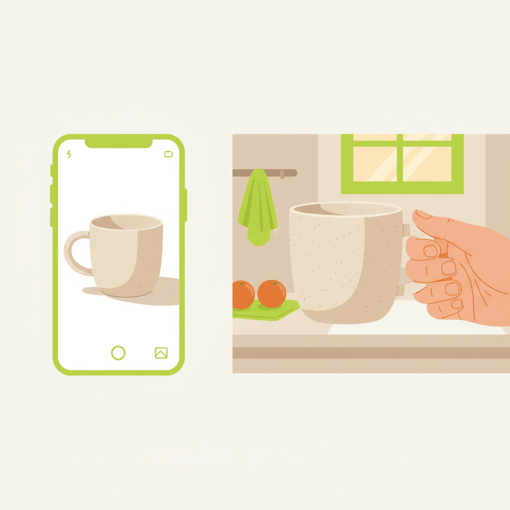 A split illustration: on the left, a single smartphone photo of a beige ceramic mug on a white background. On