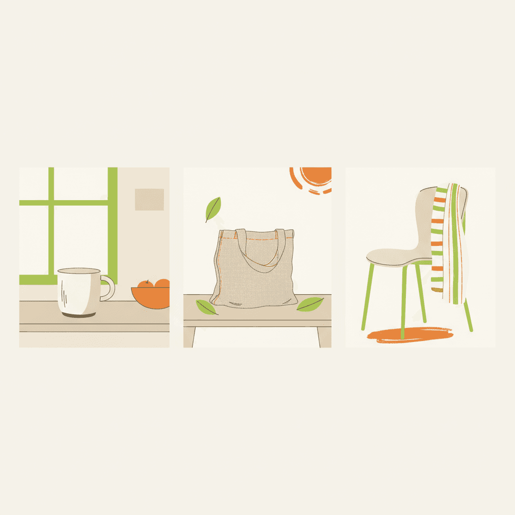 A clean editorial flat illustration showing three lifestyle scenes in a row: a ceramic mug in a kitchen, a lin