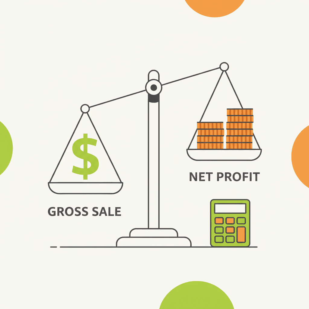 a clean modern editorial flat illustration of a balance scale — left side has a dollar sign with "Gross Sale"