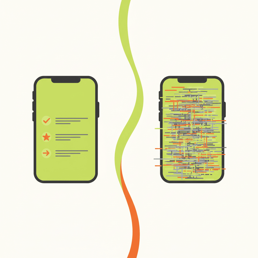 A flat illustration comparing a mobile phone screen with a short, scannable description (bullets, bold opening
