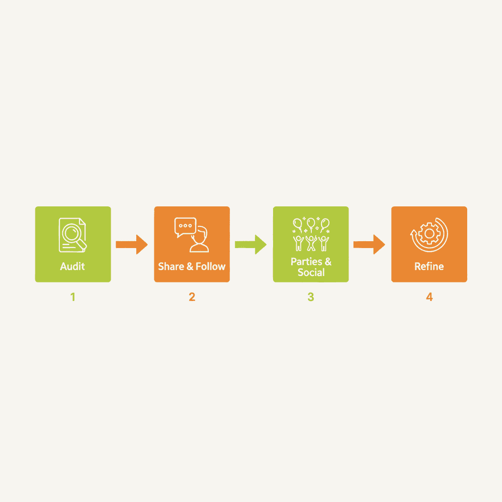 A clean 4-step flowchart illustration showing the 30-day plan phases: Audit, Share & Follow, Parties & Social,