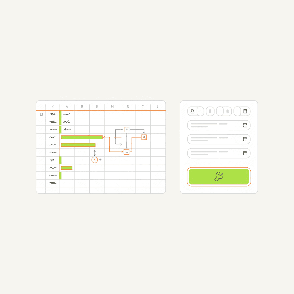 A flat illustration showing a spreadsheet with formulas and a bulk tool interface with a list of listings and