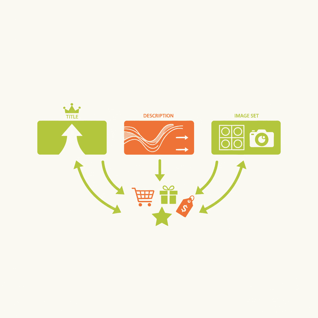 A flat illustration showing three listing templates side by side: a title card, a description card, and an ima