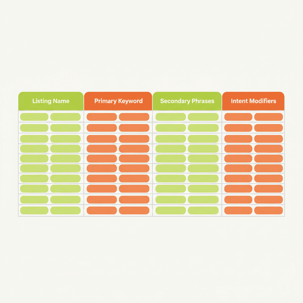 A flat illustration showing a simple keyword map spreadsheet with columns for "Listing Name", "Primary Keyword