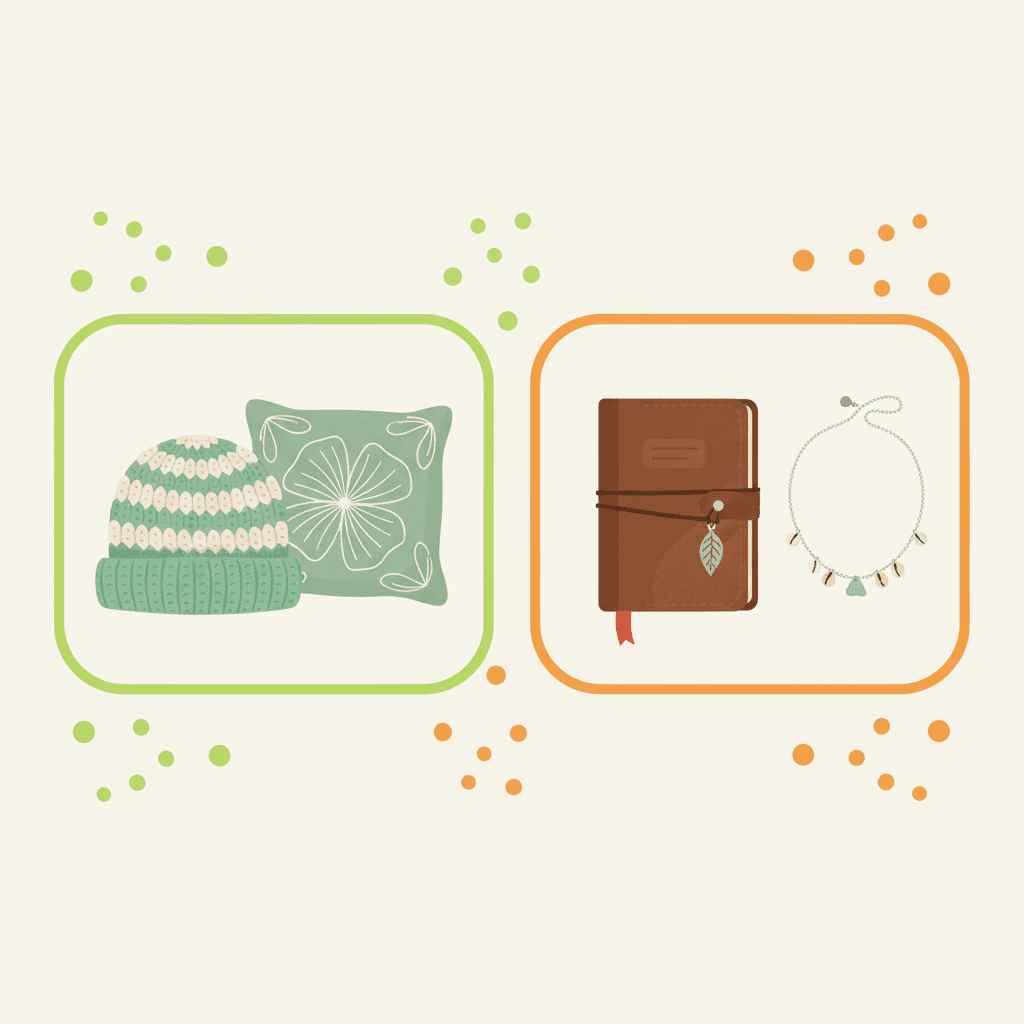 A flat illustration of two small Etsy product collections side by side: left, a crochet hat and embroidered th