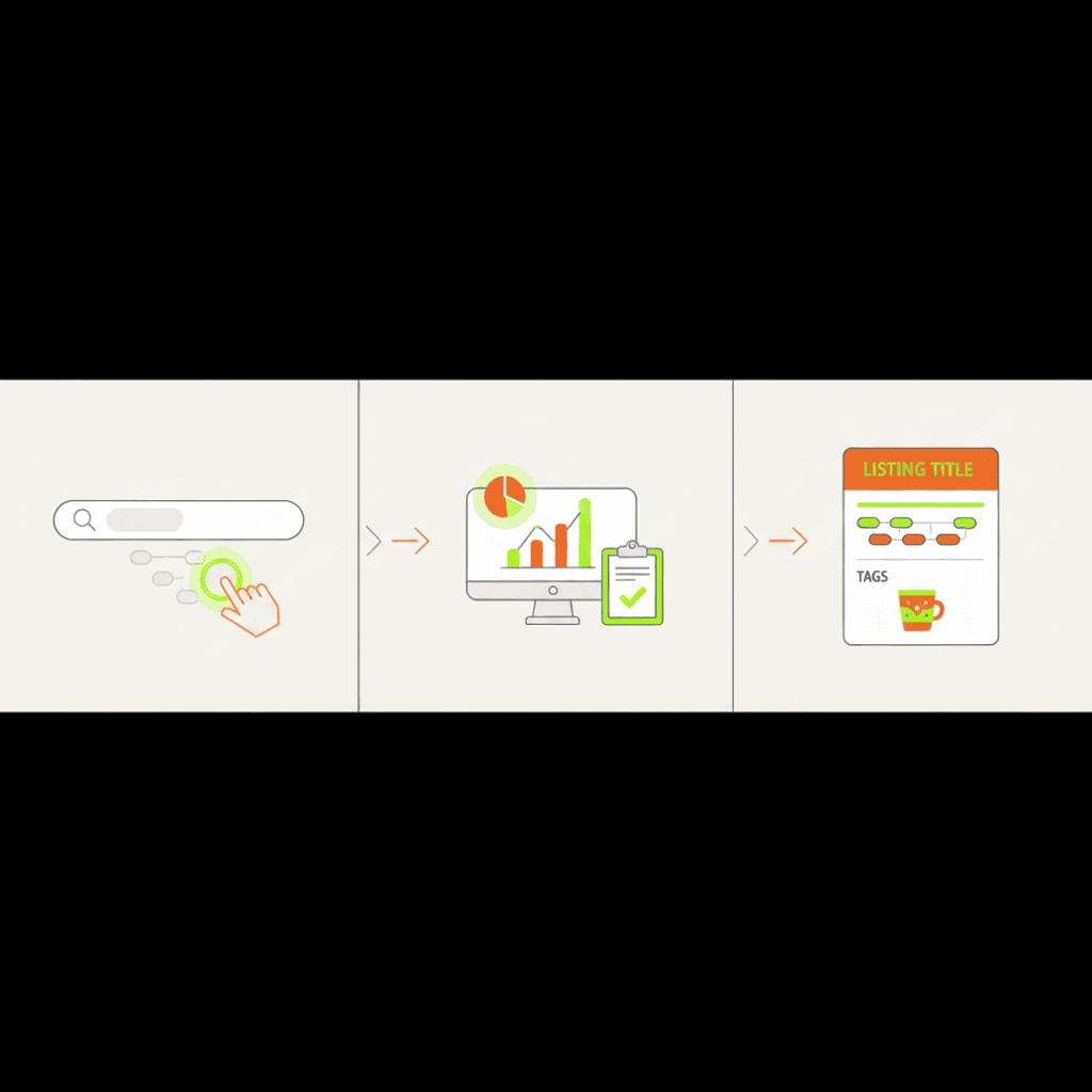A step‑by‑step flat illustration of a keyword research process: starting with Etsy search bar, then validating