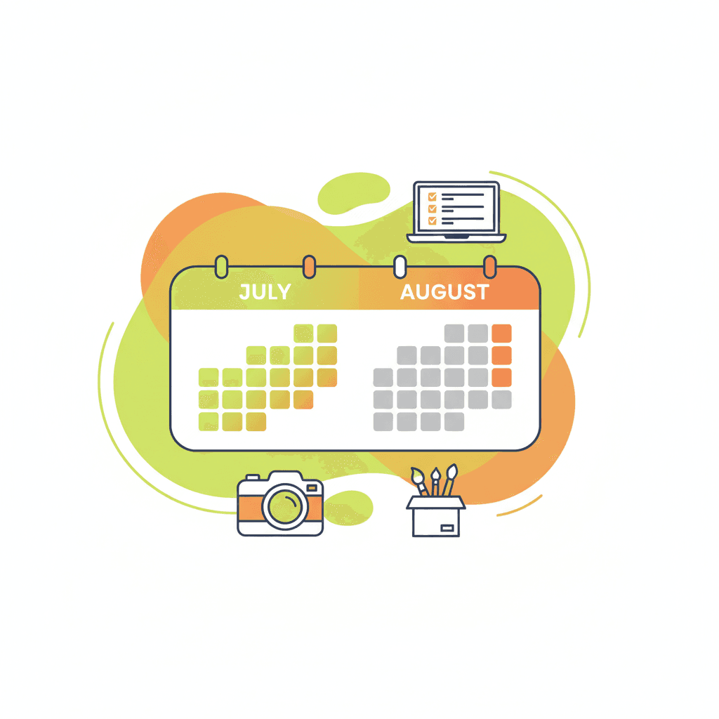 A flat illustration showing a calendar with July and August highlighted, surrounded by icons for a camera, a b
