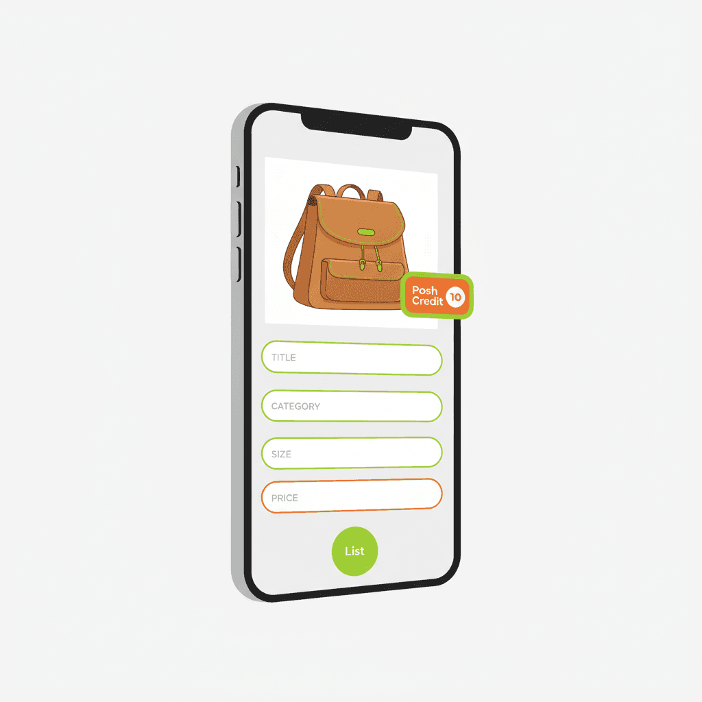 A clean editorial flat illustration showing a Poshmark listing creation screen on a smartphone, with a backpac