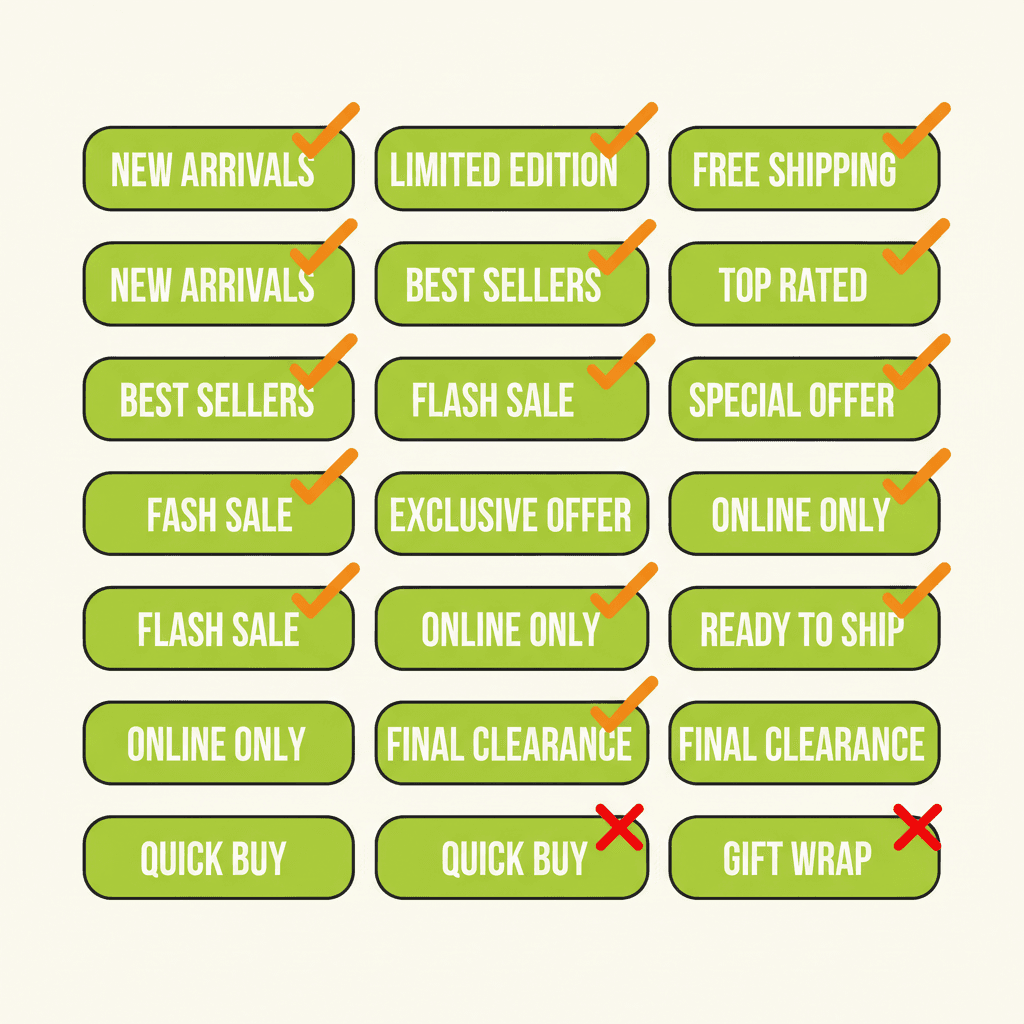 A flat illustration showing a grid of 13 tag slots, each filled with a different multi-word phrase in lime-gre