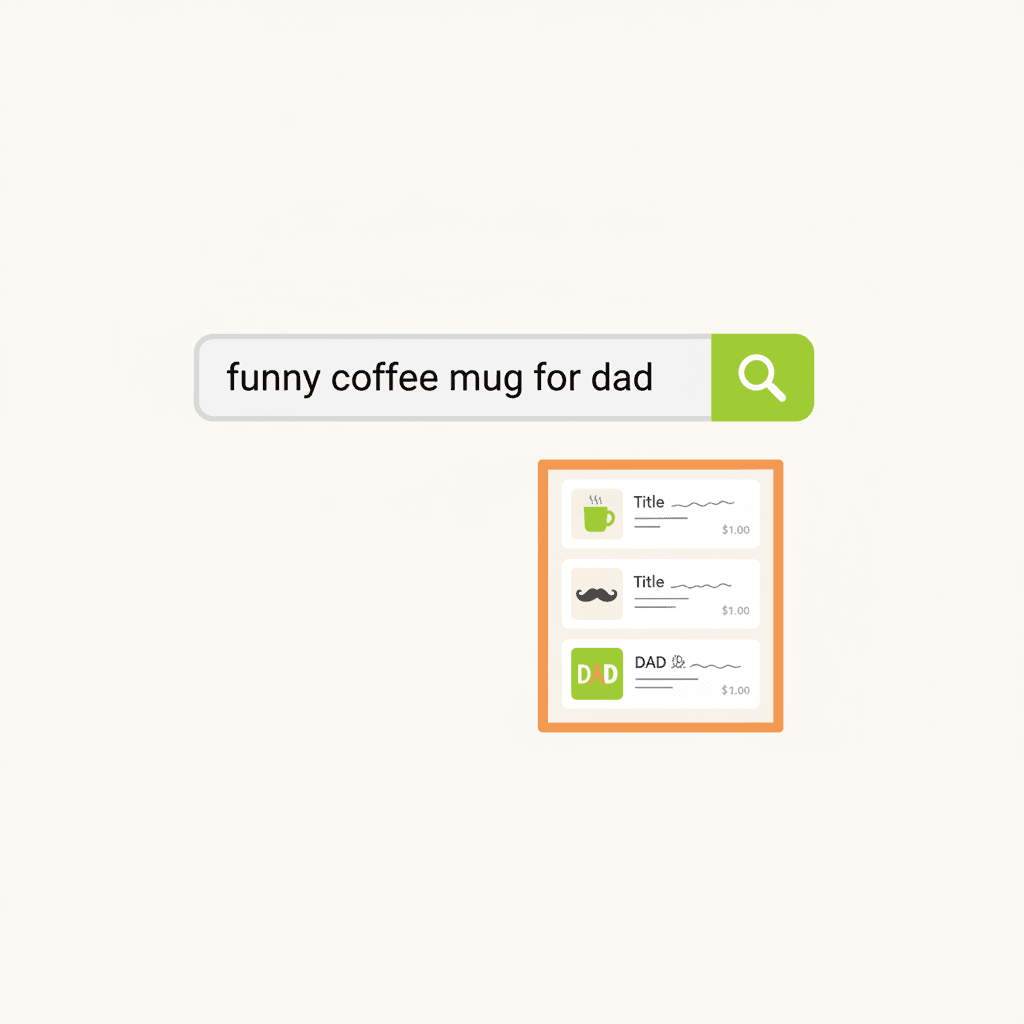 A flat illustration showing a simple search bar with the text 'funny coffee mug for dad' and a magnifying glas