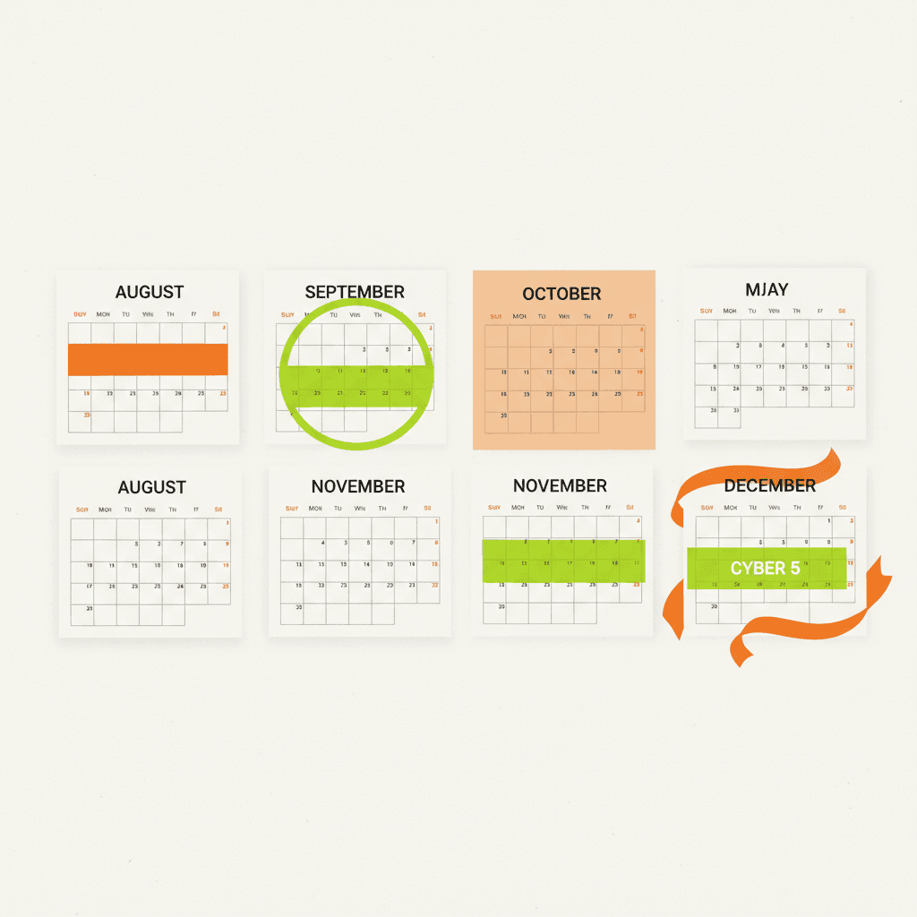 a clean modern editorial flat illustration of a calendar August through December with orange and lime-green hi