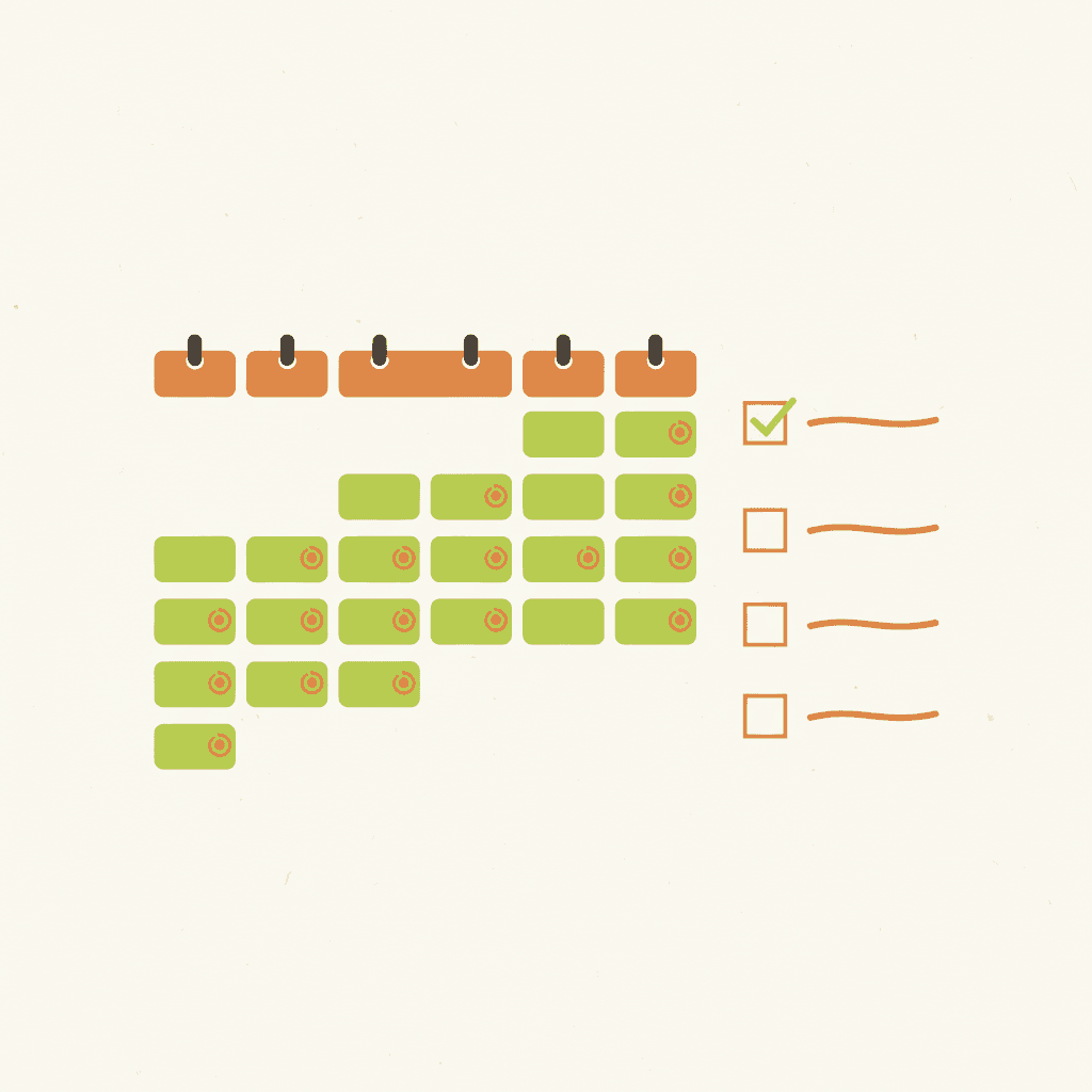 A clean modern editorial flat illustration of a calendar with a weekly recurring event labeled 'CRM Review' an