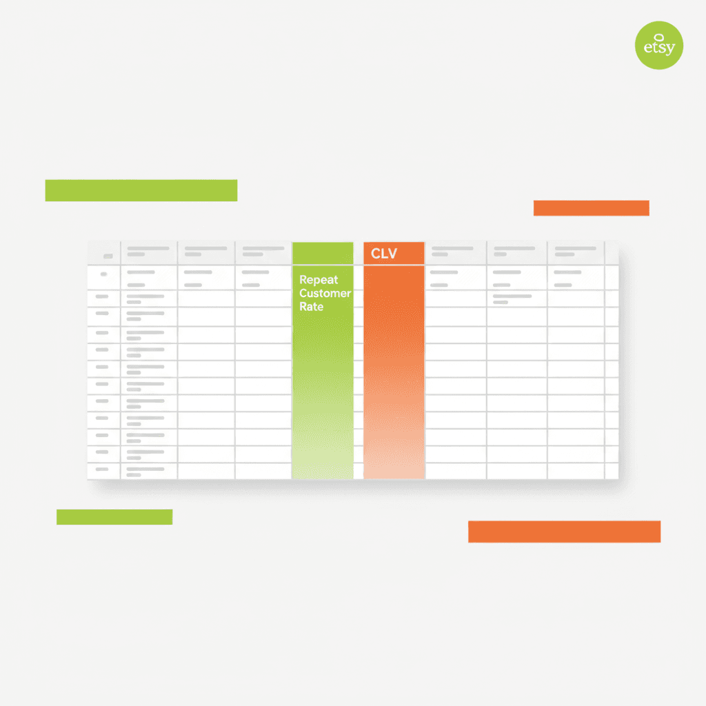 A clean modern editorial flat illustration of a spreadsheet with rows of customer data, highlighted columns fo