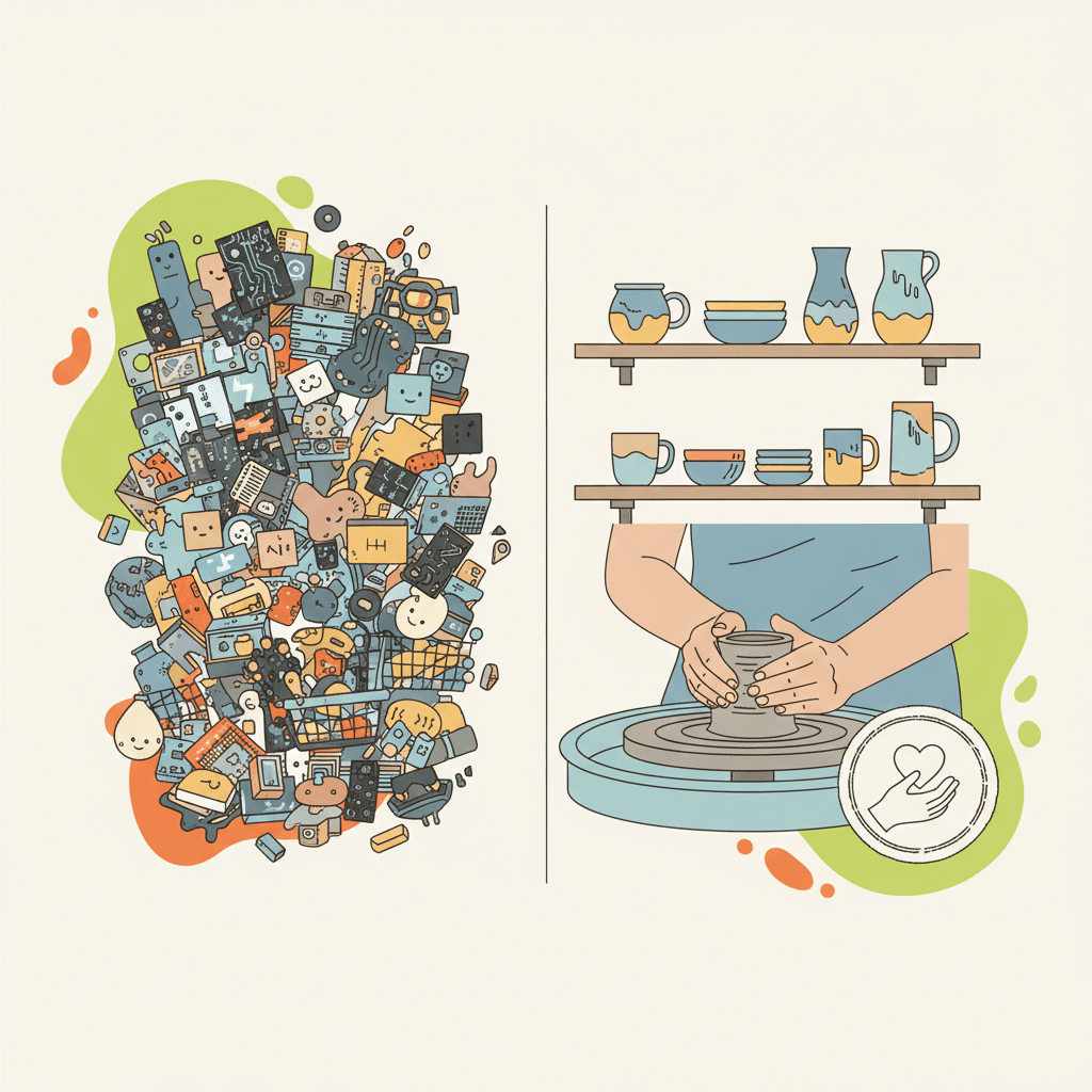 A flat illustration showing two columns: left side shows a cluttered marketplace with generic AI-generated pro