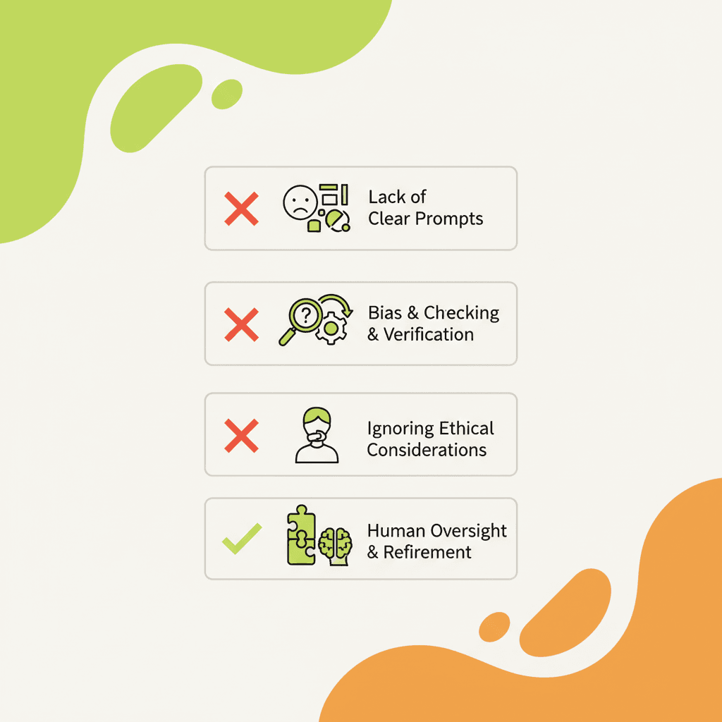 A flat illustration of a checklist with five items, each with a red X or green checkmark, showing common AI mi