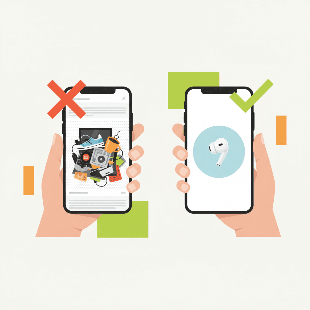 A clean modern editorial flat illustration comparing a cluttered, hard-to-read product thumbnail on a phone sc