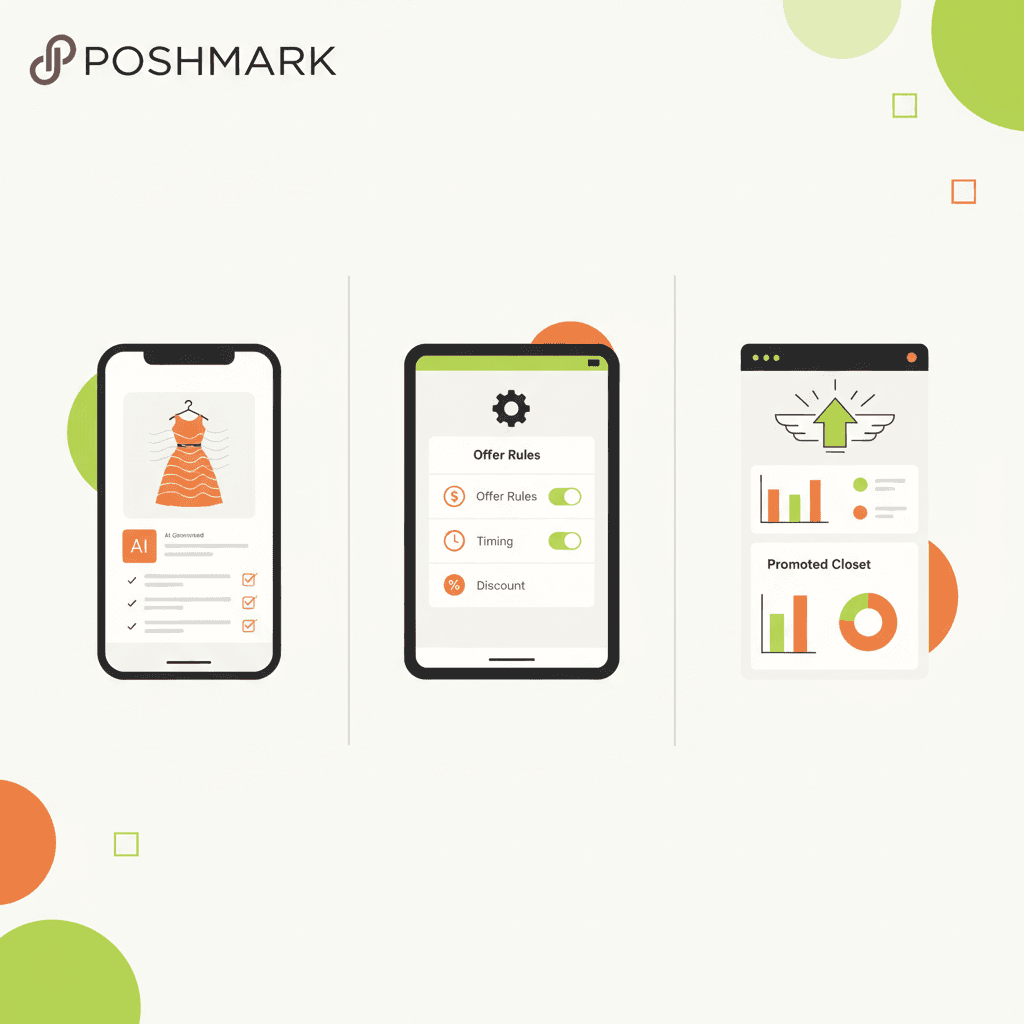 A clean modern editorial flat illustration comparing three Poshmark native tools: Smart List AI (a phone scree