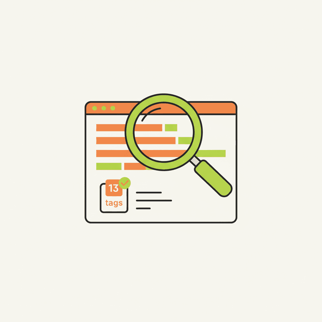 A flat illustration showing a magnifying glass over a dashboard with keyword bars and a '13 tags' checklist. O